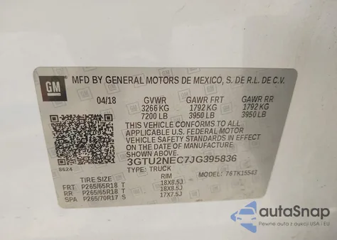 2018 GMC Sierra 1500 Slt z USA, uszkodzony, nr VIN 3GTU2NEC7JG395836